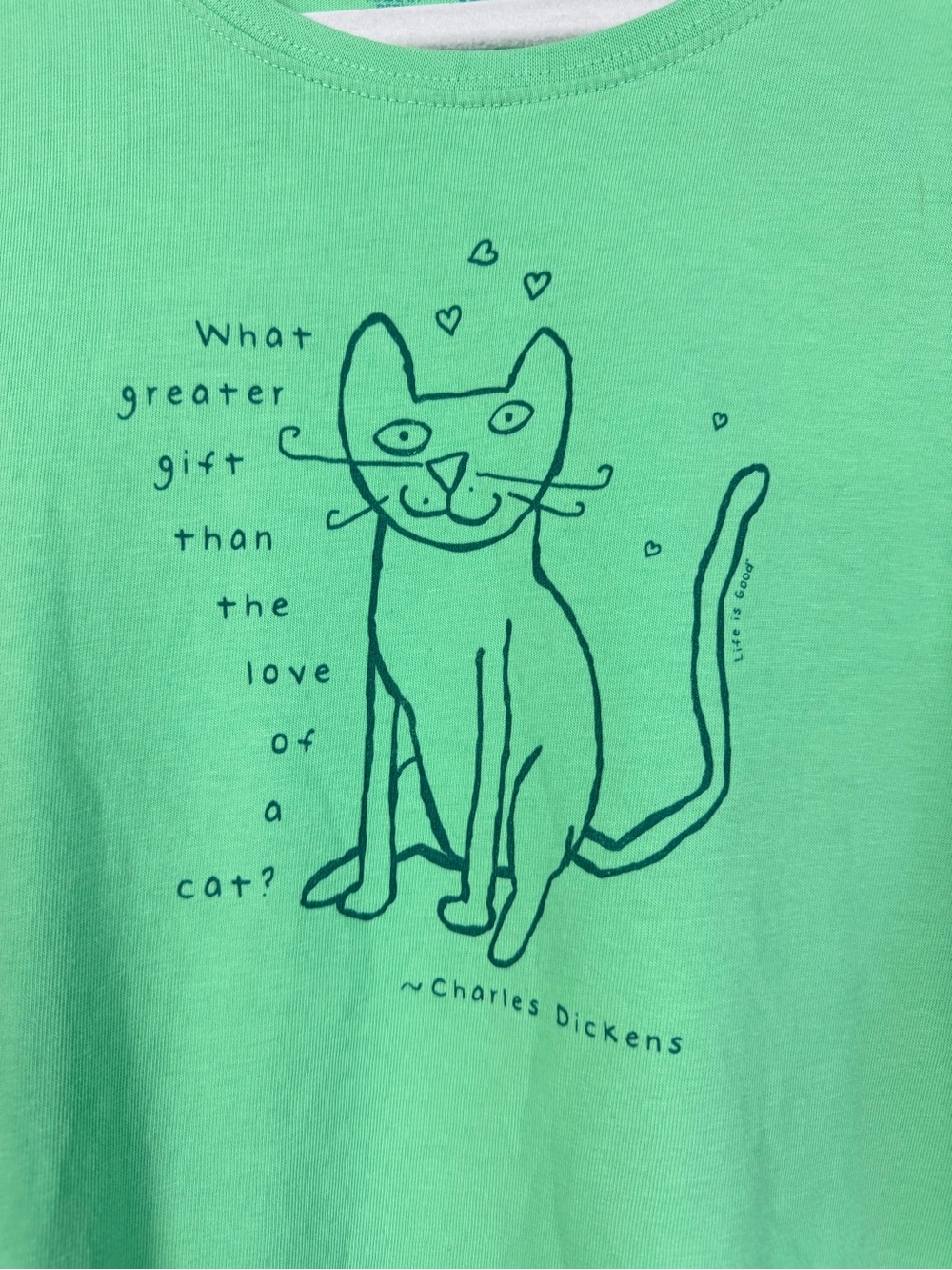 Life is Good Top XL Cat Heart Green Graphic Cotton Tee Short Sleeve Casual - Picture 3 of 5